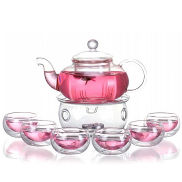 Bộ ấm pha trà thủy tinh kèm đế nến dung tích bình 600ml chịu nhiệt tốt và 6 chén sử dụng được trên đèn cồn