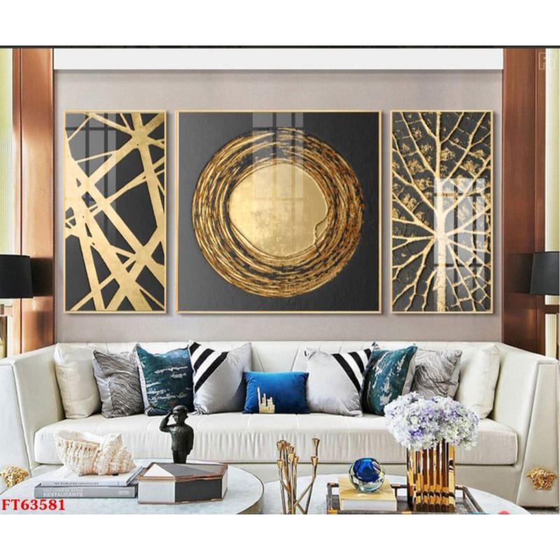 Tranh canvas hoặc tranh tráng gương bộ 3 trừu tượng vàng