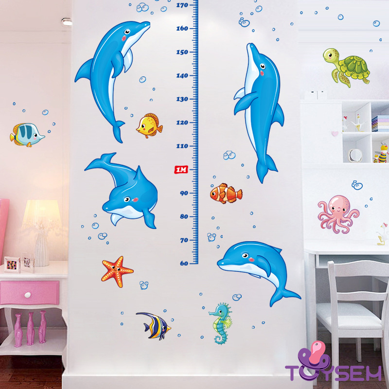 Decal dán tường thước đo chiều cao cho bé hình cá heo xanh - Trang trí decor phòng cho bé - Quà Tặng sinh nhật cho trẻ