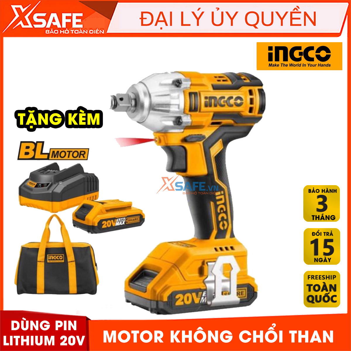 Máy Siết Bulong dùng Pin Lithium 20V INGCO CIWLI2001 tặng kèm 2 pin và 1 sạc nhanh trong một giờ