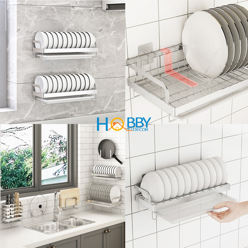 Kệ để đĩa chén dán tường Hobby KCD Inox 304 có keo dán sealant fix - 2 size tùy chọn