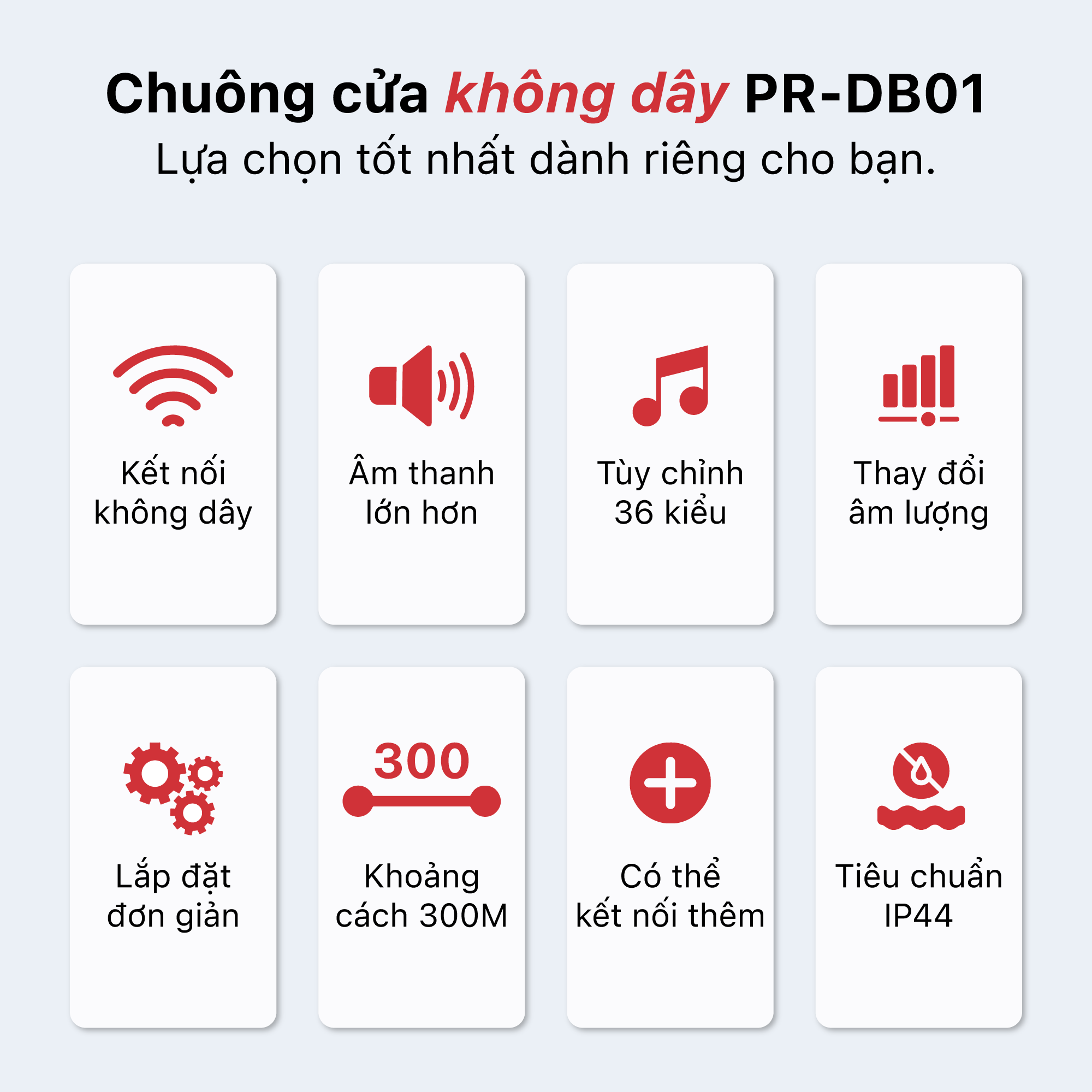 Chuông cửa không dây chuông báo khách không dây PINGRON PR-DB01 - Âm thanh 85Db, điều chỉnh 4 mức âm lượng, khoảng cách 300M