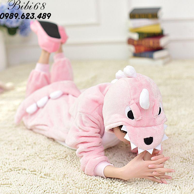 Bộ Đồ thú khủng long hồng liền thân lông mịn Pijama dành Cho Người Lớn và Trẻ Em kiểu dáng Động Vật Hoạt Hình Cosplay