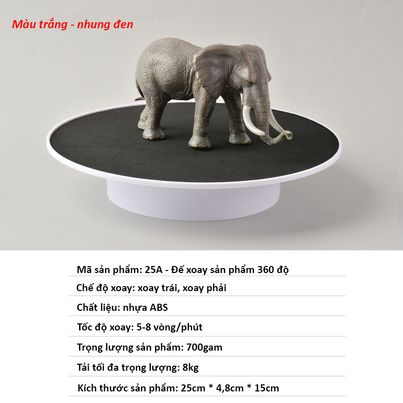 Bàn Xoay Sản Phẩm 360 Độ Cắm Nguồn USB + Pin Đại/D Đường Kính 25cm, Tải 8KG, Đế Xoay Trưng Bày Sản Phẩm