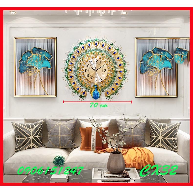 Đồng hồ treo tường trang trí decor chim công CX32 Khổng Tước xanh kích thước 70 x 70 cm