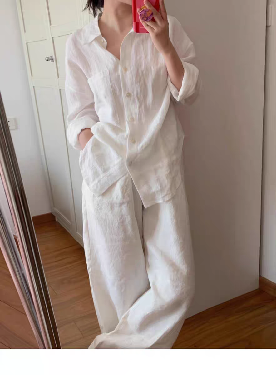 Set bộ gồm áo sơ mi dài tay và quần dài ống rộng chất linen thoáng mát, thoải mái, dễ mặc, phong cách Hàn Quốc