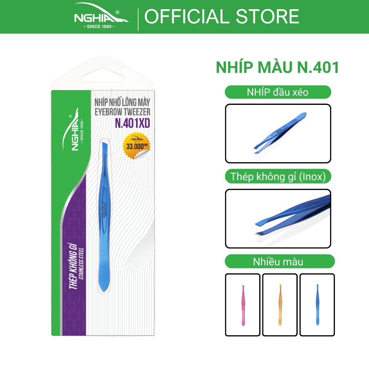 Nhíp Inox Đầu Xéo Vỉ Giấy Màu Xanh Dương KỀM NGHĨA N.401XD