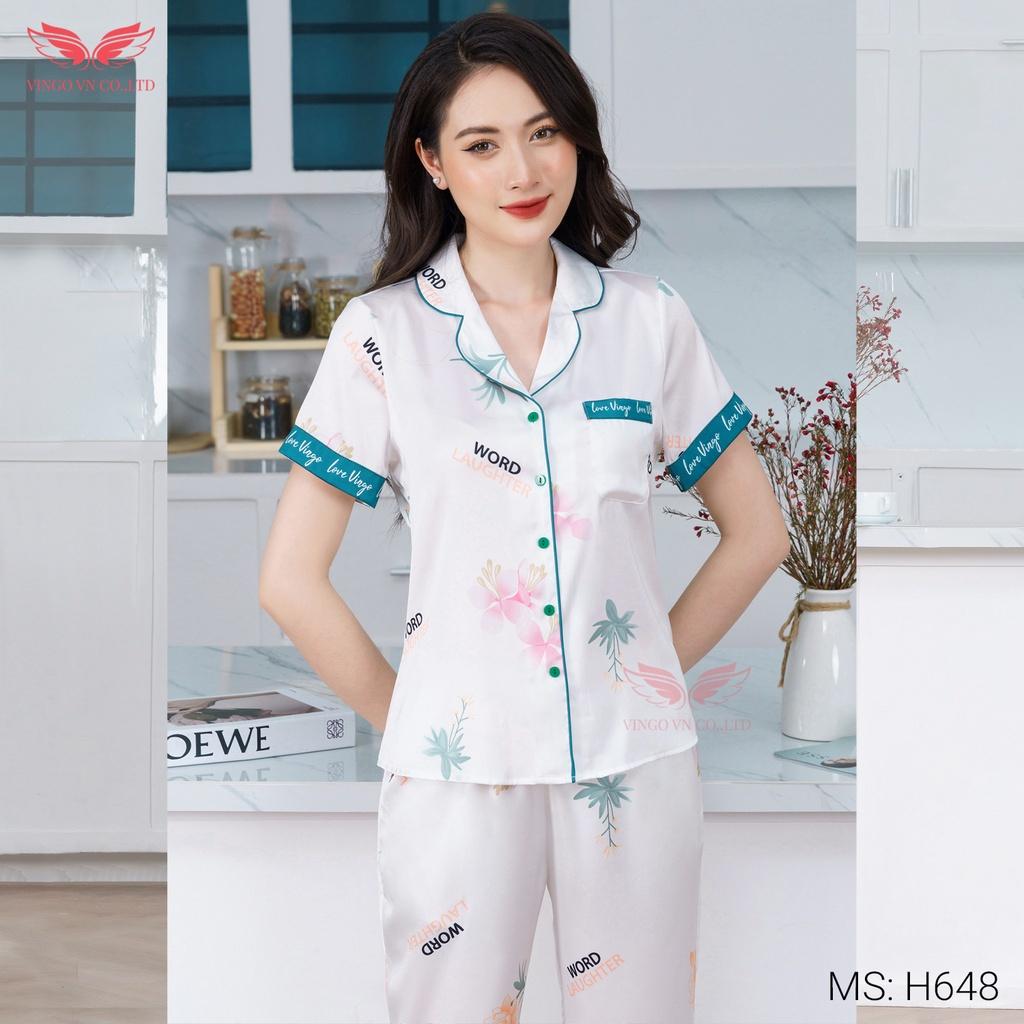 Đồ Bộ Ngủ Nữ Pijama Mặc Nhà VINGO Tay Ngắn Quần Dài Lụa Pháp Cao Cấp In Hoa Hồng Trắng Viền Xanh Đông Xuân H648 VNGO