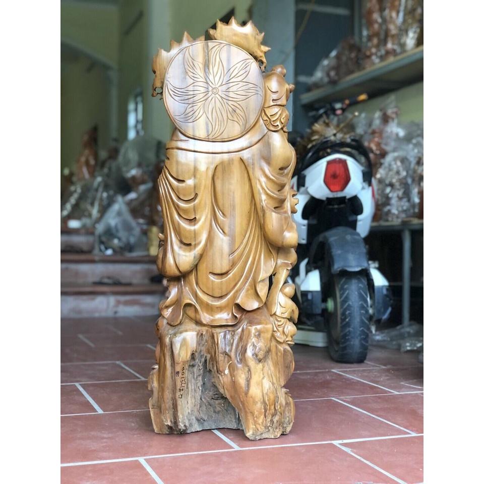 Tượng phật di lặc ngũ phúc gánh càng đào bằng gỗ bách xanh thơm nức kt 90×32×25cm