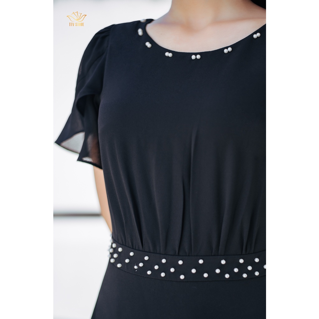 Đầm xòe thiết kế trung niên sang trọng Cổ tròn đính ngọc màu đen TTV STORE TTV1061