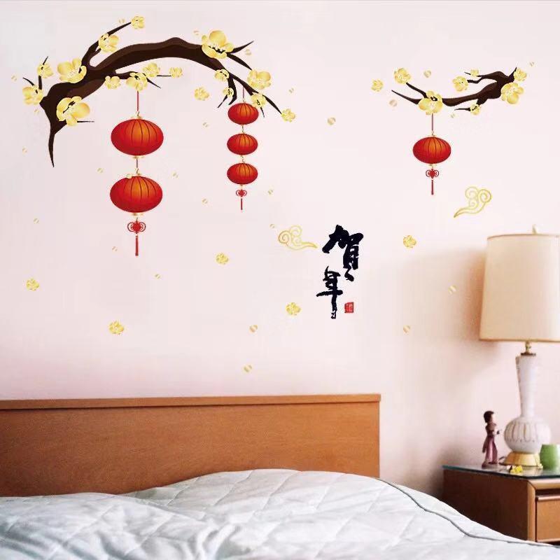 Decal trang trí Tết - Cành Mai Vàng lồng đèn đỏ đón Xuân