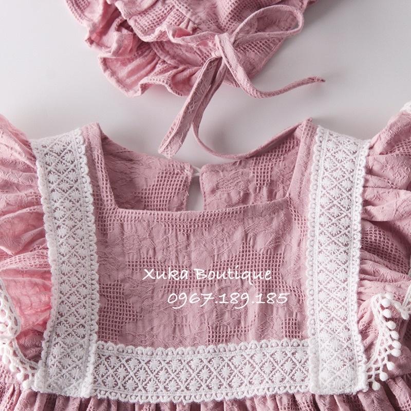 Bodysuit Dài Tay Giả Váy Kèm Mũ Tiểu Thư Cổ Ren Cánh Tiên Cao Cấp Bé Gái