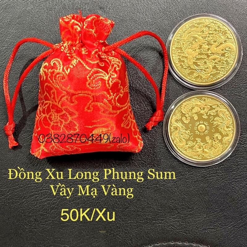 Đồng Xu Long Phụng Sum Vầy Phong Thuỷ Mạ Vàng May Mắn