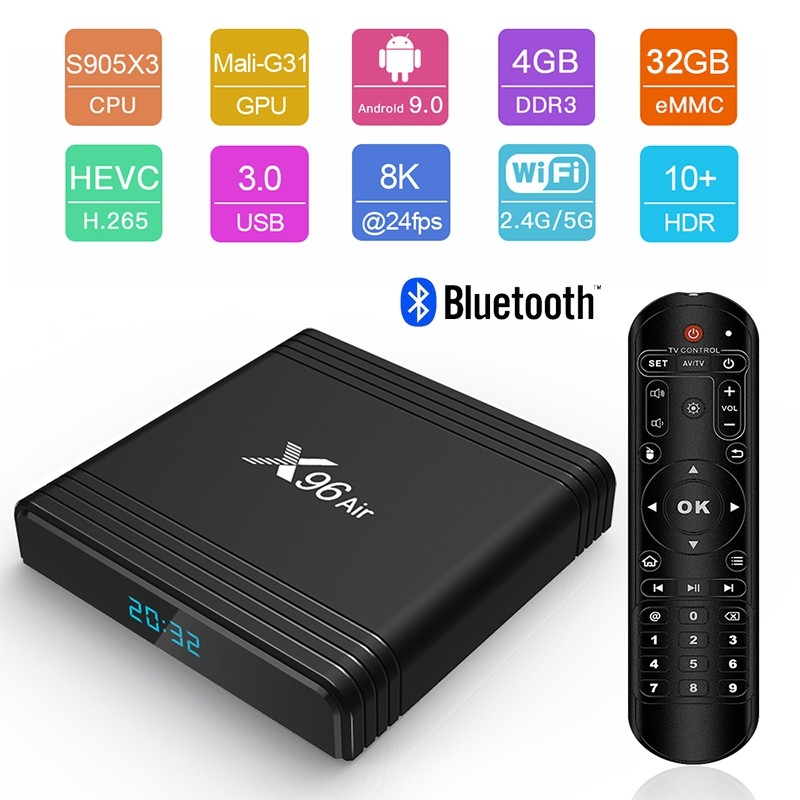 [Hot Sale][Sản phẩm mới] Hộp TV thông minh X96 Air Amlogic s905x3 Hỗ trợ độ phân giải 8K HDH Android 9.0 cấu hình 4GB Ram  Rom hỗ trợ kết nối 2.4G và 5G Wifi Bluetooth với Trình phát phương tiện thông minh