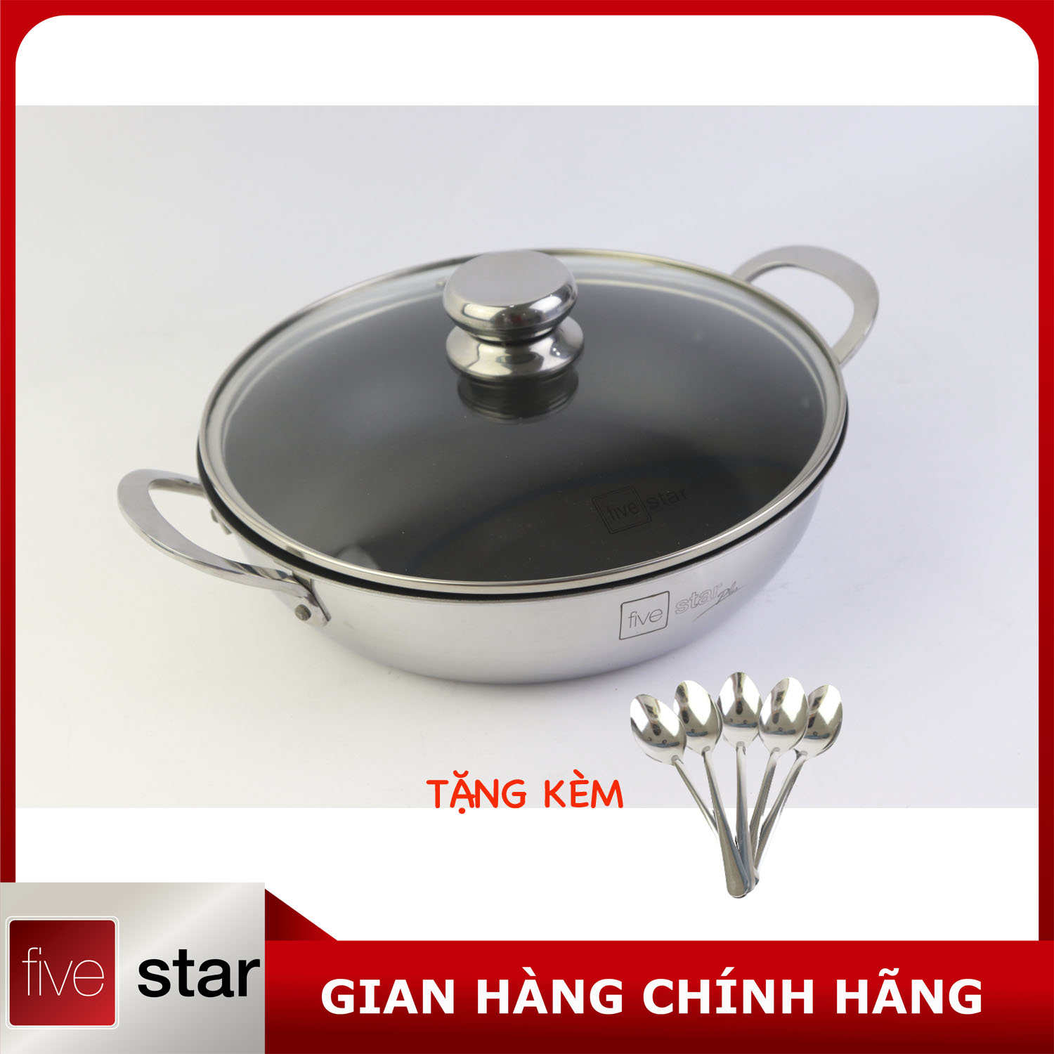 Chảo chống dính cao cấp Fivestar 2 quai có nắp kính 18cm / 22cm /26cm , tặng 5 muỗng