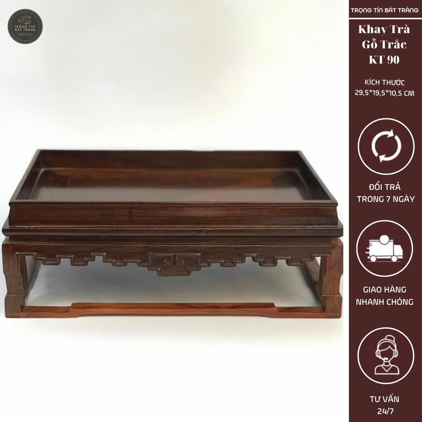 Khay Trà Gỗ Trắc Hình Chữ Nhật Kích Thước 29,5*19,5*10,5 cm KT 90