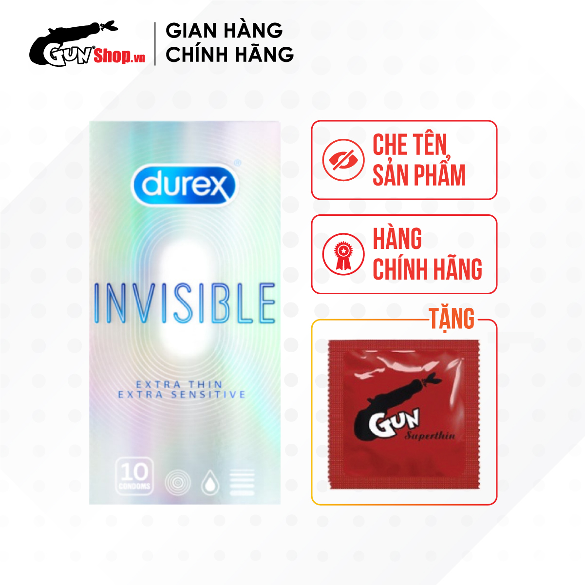 Bao cao su Durex Invisible - Siêu mỏng, mềm mịn kèm 1 chiếc bao cao su Gun Super Thin