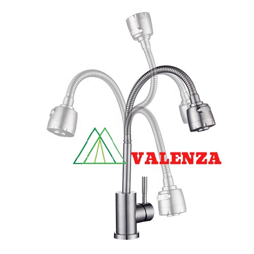 Chậu rửa bát Valenza sus304 8245 hố cân, vòi rửa bát lò xo cần mềm nóng lạnh, xả, rổ, bình xà phòng