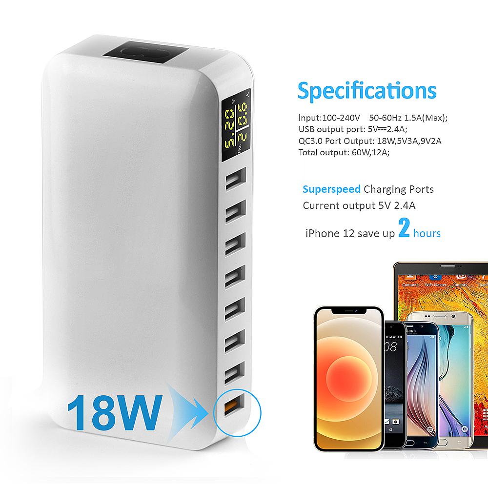 Trạm sạc thông minh USB 8 cổng để bàn 60W 8A với màn hình LED ệ Nhận biết dòng điện và điện áp thông minh