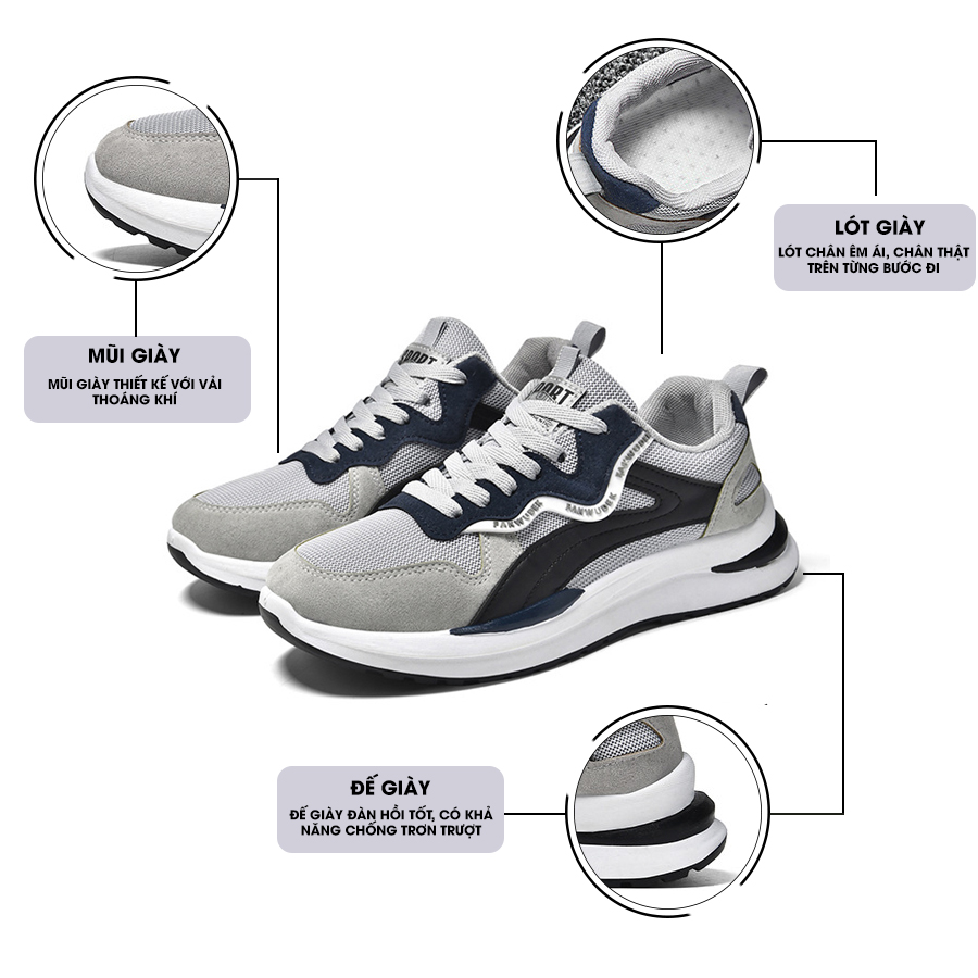 Giày Thể Thao Nam GEMI - Giày Sneaker Màu Xám - Kaki, Giày Thể Thao Giúp Tăng Chiều Cao Tự Tin Ra Ngoài - G5471