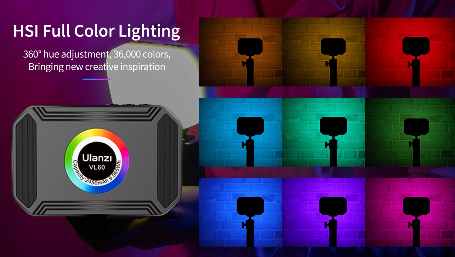 ULANZI VL60 RGB (2500-9000K) - HÀNG CHÍNH HÃNG - Đèn LED đổi màu RGB | 36.000 màu | 20 hiệu ứng đặc biệt | 2450mAh