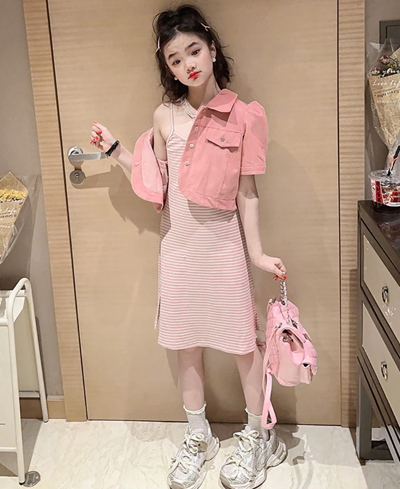 Váy bé gái, Set Váy 2 dây kẻ zip kèm áo khoác sành điệu Habi Fashion HB2312 chất vải mềm mát cho bé 10-30Kg