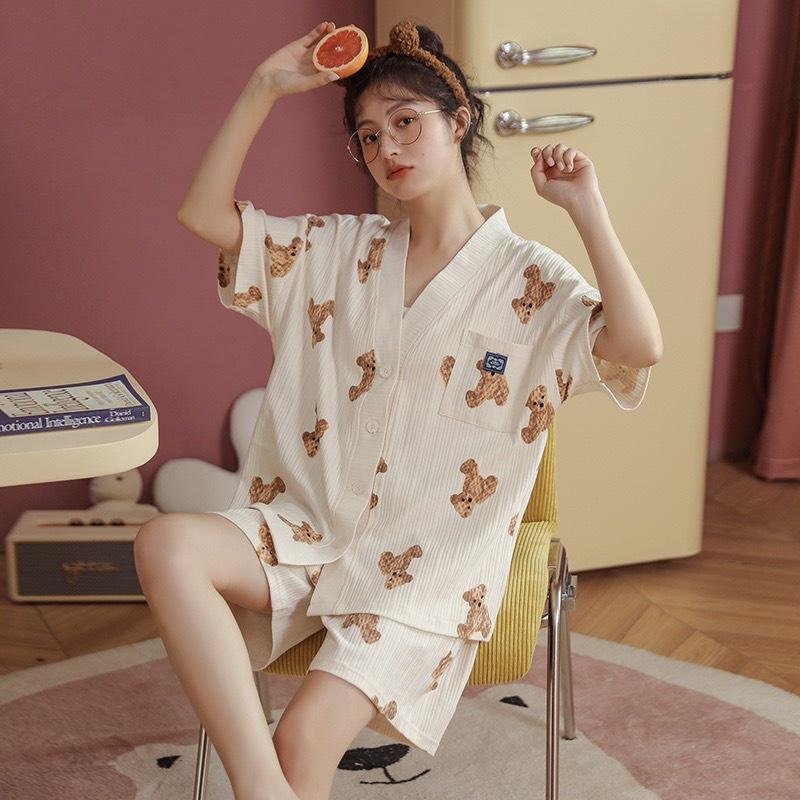 Bộ Ngủ Cộc Tay Quần Sooc Cotton- Đồ Ngủ Cổ V Cài Khuy Mềm Mại Hàng Loại Đẹp