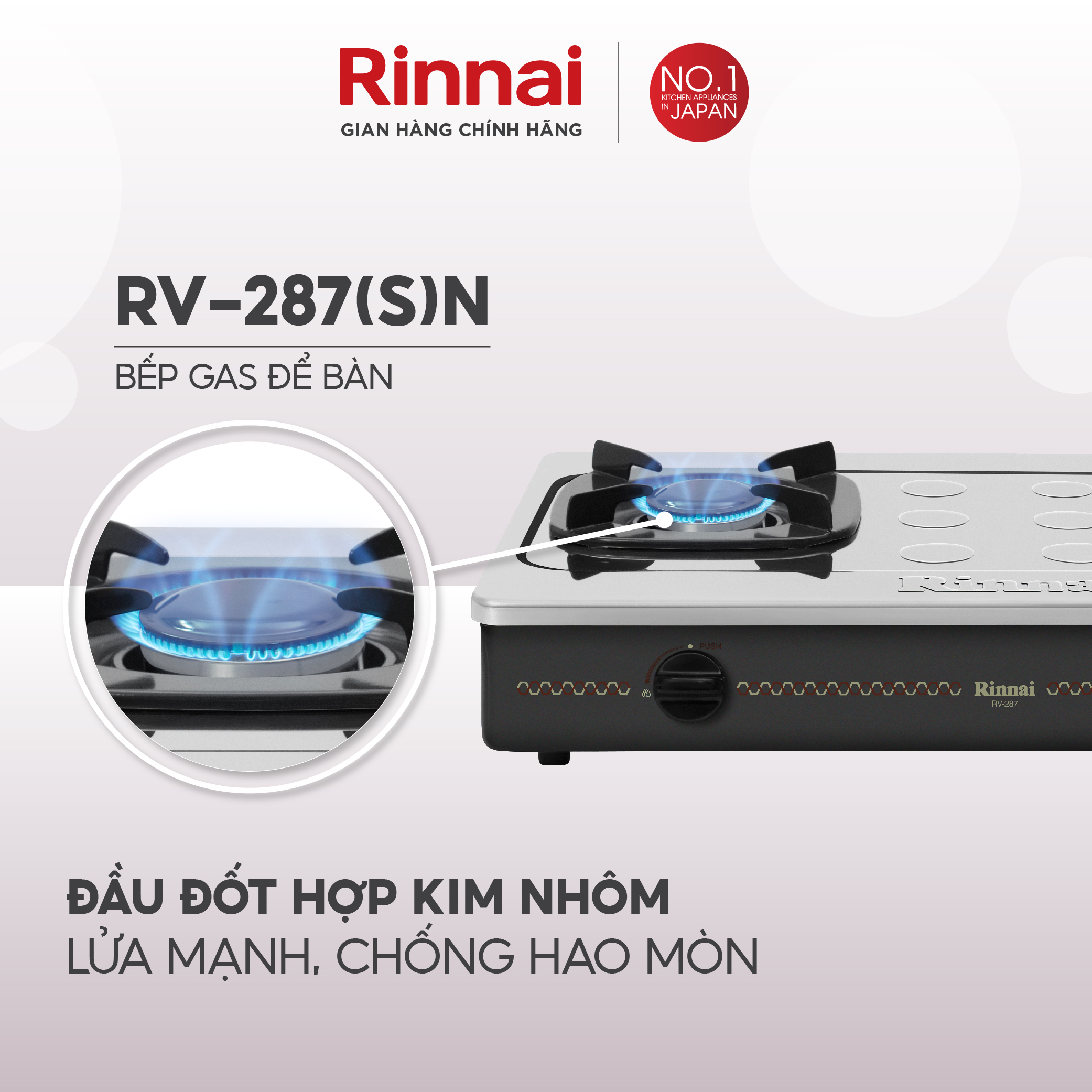 Bếp gas dương Rinnai RV-287(S)N mặt bếp inox và kiềng bếp men - Hàng chính hãng.