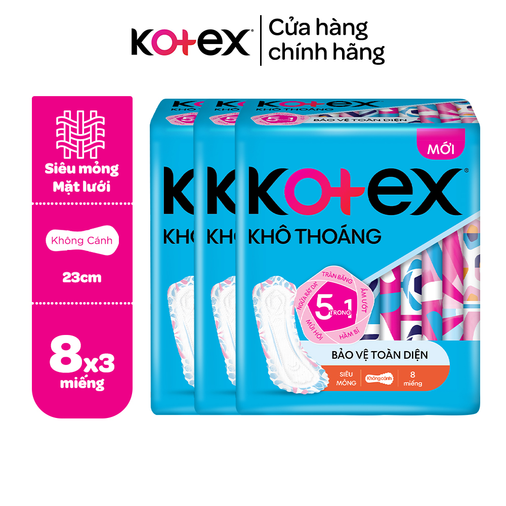 Combo 3 gói băng vệ sinh Kotex khô thoáng siêu mỏng cánh/không cánh 8 miếng