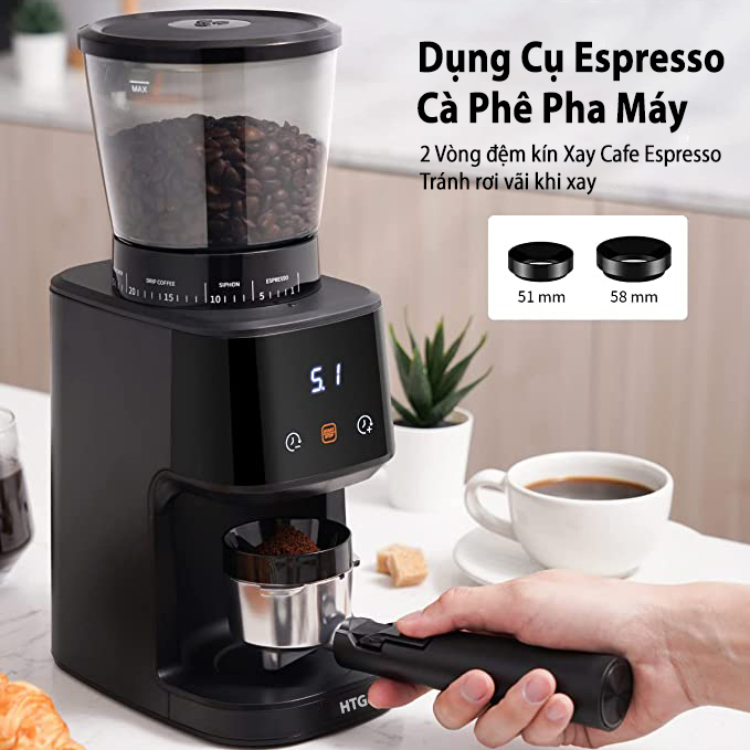 Máy xay cà phê HTG CG015 lưỡi dạng nón, 31 cấp độ xay mịn đa năng, pha chế cho máy pha espresso đồng nhất, tích hợp 2 vòng đệm tránh rơi vãi