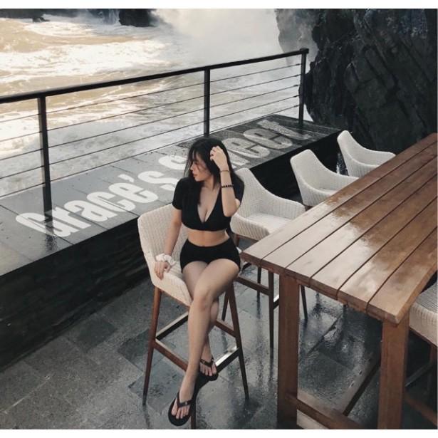 Set bikini tay ngắn xoắn ngực + quần lưng cao siêu hot