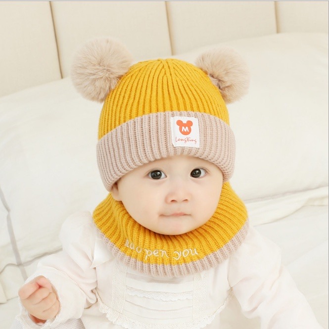 Set mũ kèm khăn mũ len ấm cho bé