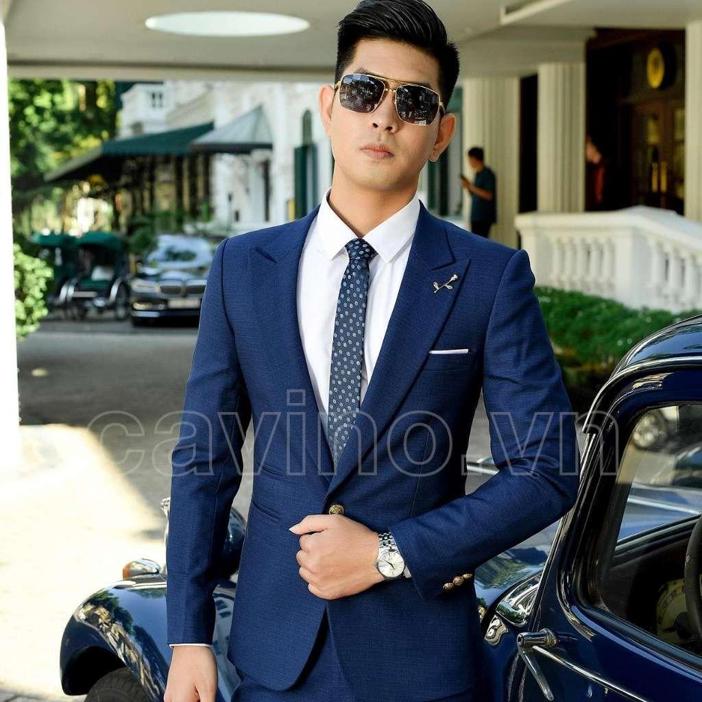 Bộ vest nam xanh navy kẻ nhỏ cao cấp CAVINO 711