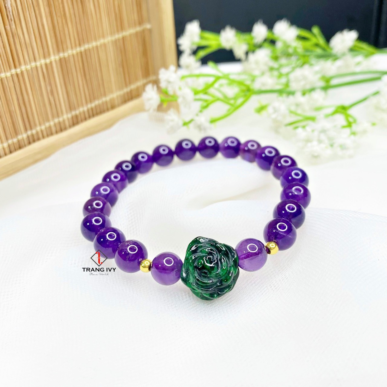 Vòng Tay Thạch Anh Tím Mix Hoa Mẫu Đơn Ngọc Sơn Thuỷ