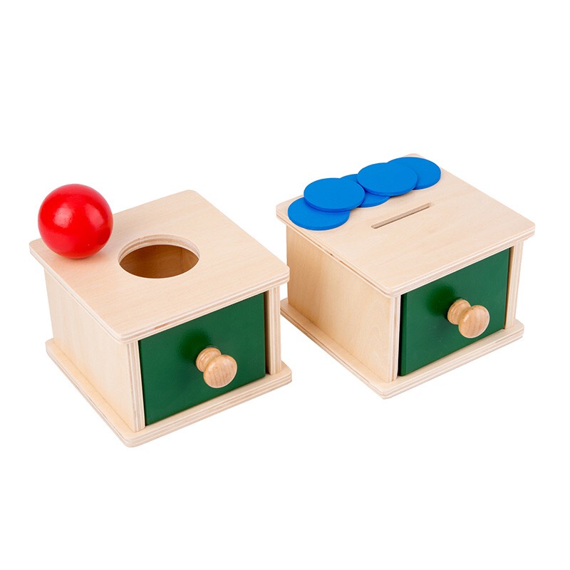 Đồ chơi giáo cụ Montessori cho bé 0-3 tuổi. Hộp Thả Đồng Xu và thả bóng Montessori. Kích thước 12x12cm