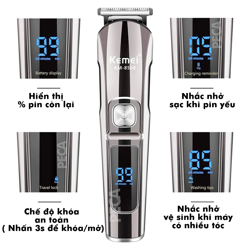 Tông đơ cắt tóc đa năng 11in1 Kemei KM-8508 nhiều đầu thay thế dùng cắt tóc, chấn viền, cạo râu, cạo lông, tỉa lông mũi, cạo chân mày,...có màn hình LED hiển thị điều chỉnh 2 mức tốc độ sạc nhanh 2h