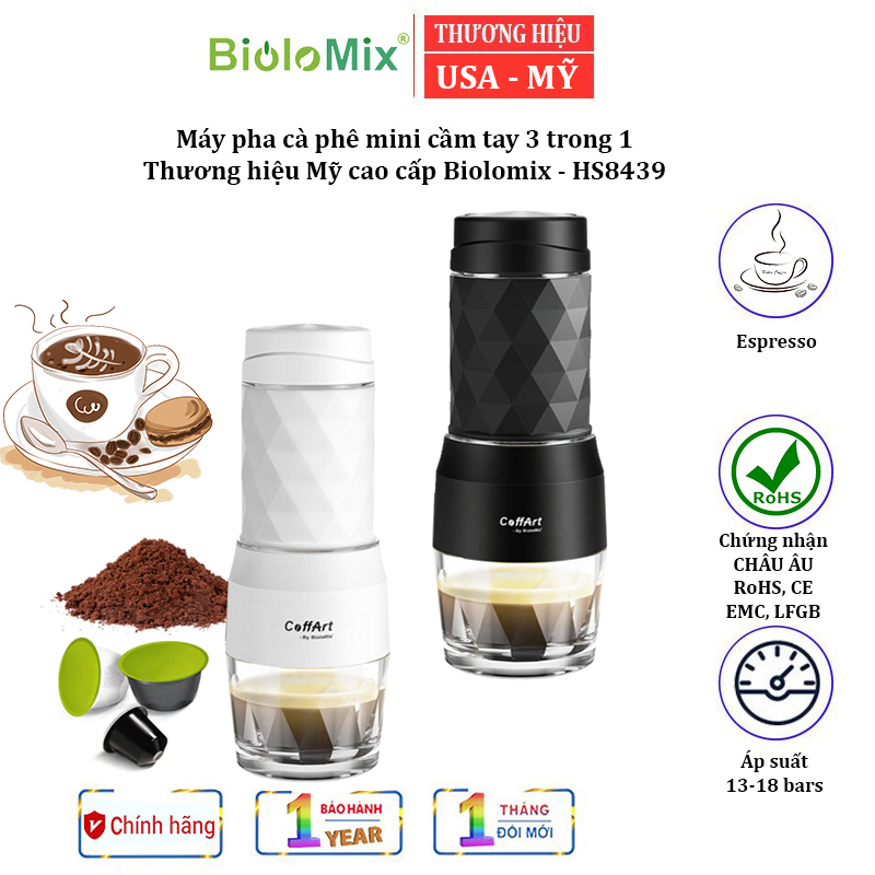 Máy pha cà phê mini cầm tay 3 trong 1 Biolomix HS8439 sử dụng Viên nén Nespresso, viên nang Dolce-Gust và bột cà phê - HÀNG NHẬP KHẨU