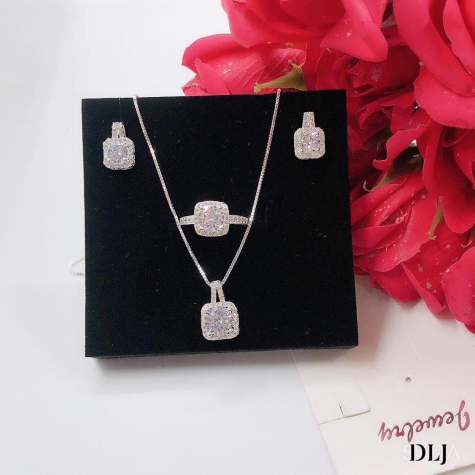 Bộ trang sức đính đá vuông trẻ trung 3 món dây chuyền-nhẫn-bông tai chất liệu bạc ta cao cấp sáng đẹp