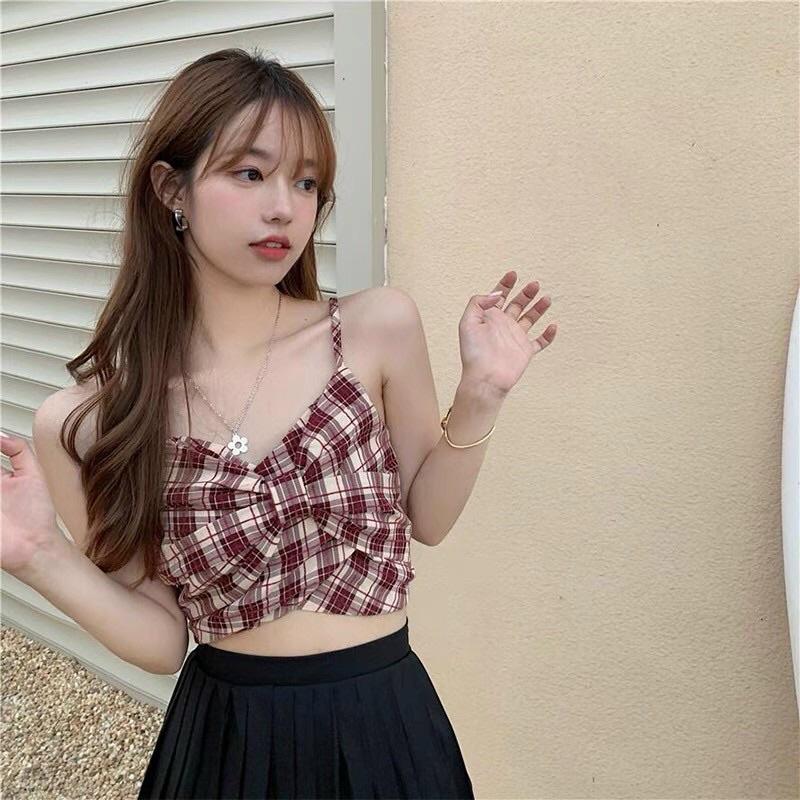 Áo 2 dây nơ hoạ tiết kẻ caro croptop dễ thương hàng QC