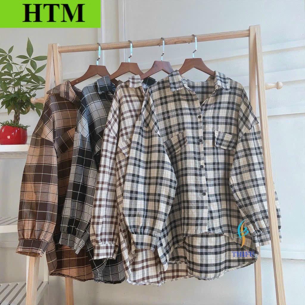 [FREESHIP] Áo Sơ Mi Nữ Sọc Caro Phối Cách Form Tay Rộng Chất Liệu Vải Mát Mẻ Mang Cá Tính Trẻ Trung Hàng Hot Trend HTM FASHION - Caro Nâu