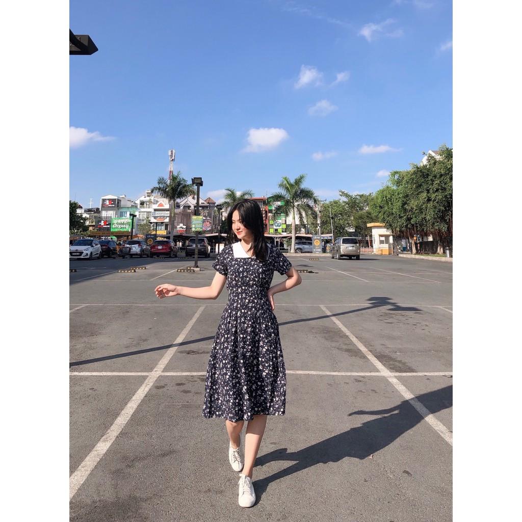 ĐẦM DỰ TIỆC XANH ĐEN HOA NHÍ TRẮNG CỔ TRÒN PHỐI TRẮNG TAY LỠ DÁNG XÒE CÓ DÂY CỘT PHÍA SAU-hình thật