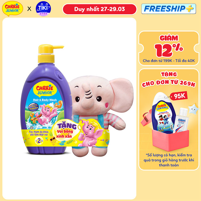 Sữa Tắm gội cho bé Carrie Junior Tinh chất Sữa 700g TẶNG Voi bông (màu ngẫu nhiên)