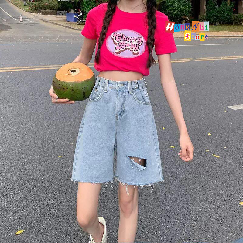 Quần Short Jean Ngố Đùi Rách Gối Cạp Cao Ống Rộng Ulzzang - MM
