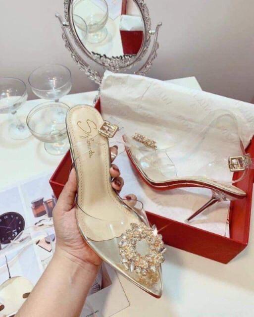 Giày cao gót trong suốt đính đá hoa mai vàng D160