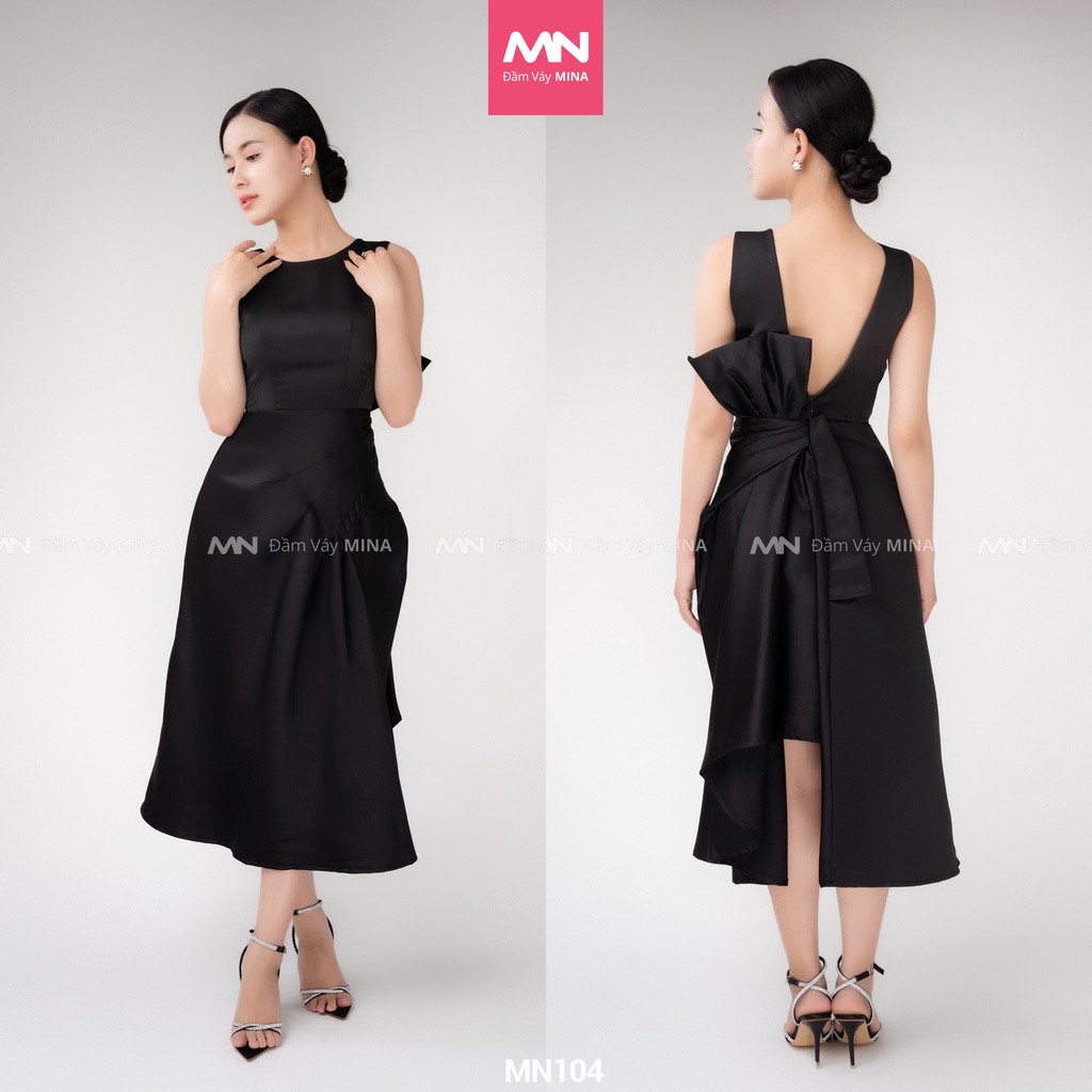 Đầm dự tiệc đầm sang trọng dáng xoè hở lưng nơ Taffeta cao cấp MN104 - Đầm Váy Mina