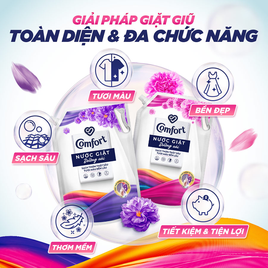 Nước giặt dưỡng vải Comfort Nước giặt xả đa chức năng hương Thời Thượng giúp quần áo sạch thơm &amp; tươi màu Túi 3.8kg