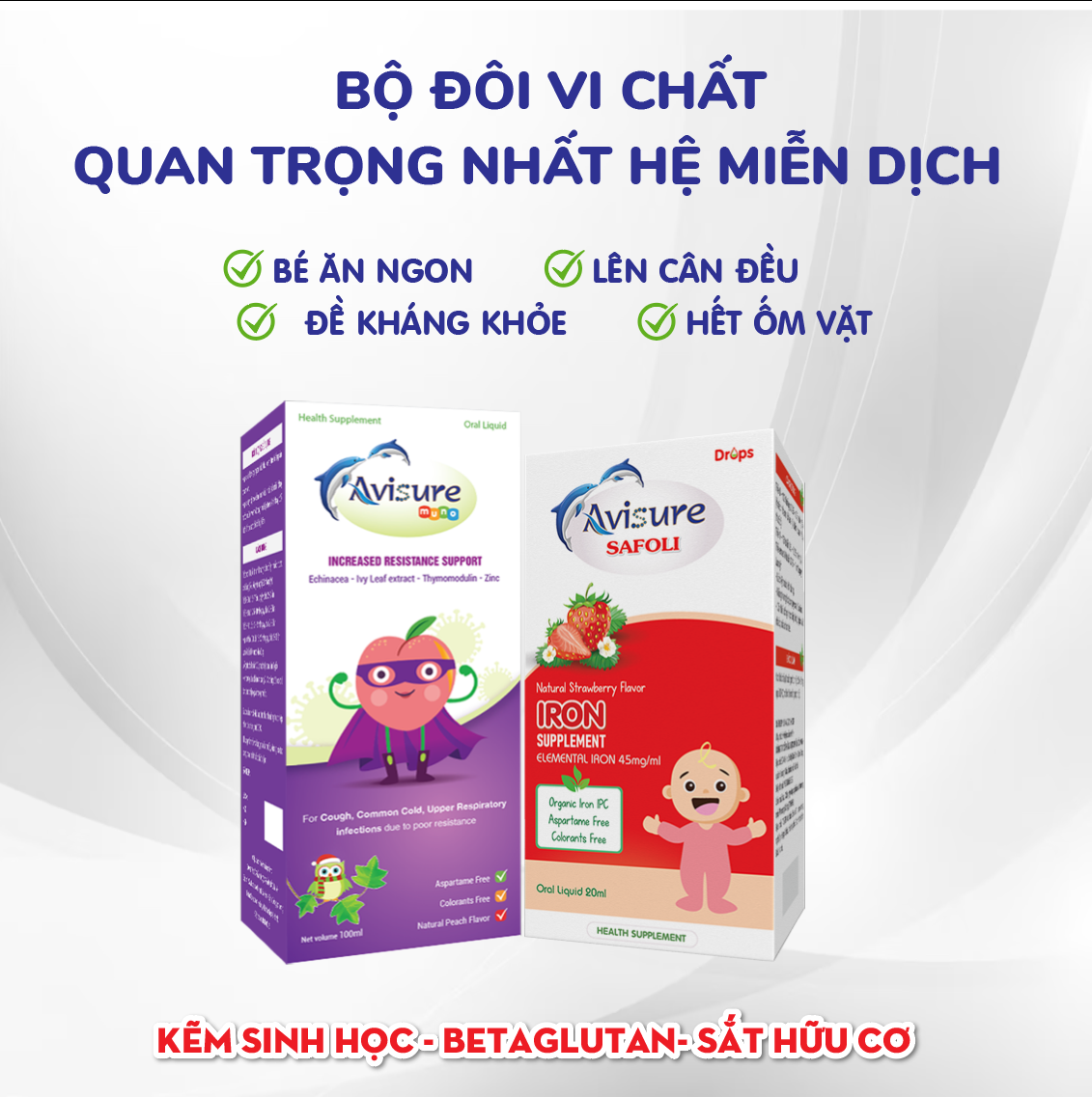 Bộ ba Avisure D3MK7 - Safoli Drop - Muno bổ sung D3MK7 tinh khiết, sắt kẽm sinh học, lysin, betaglucan, thymomodulin