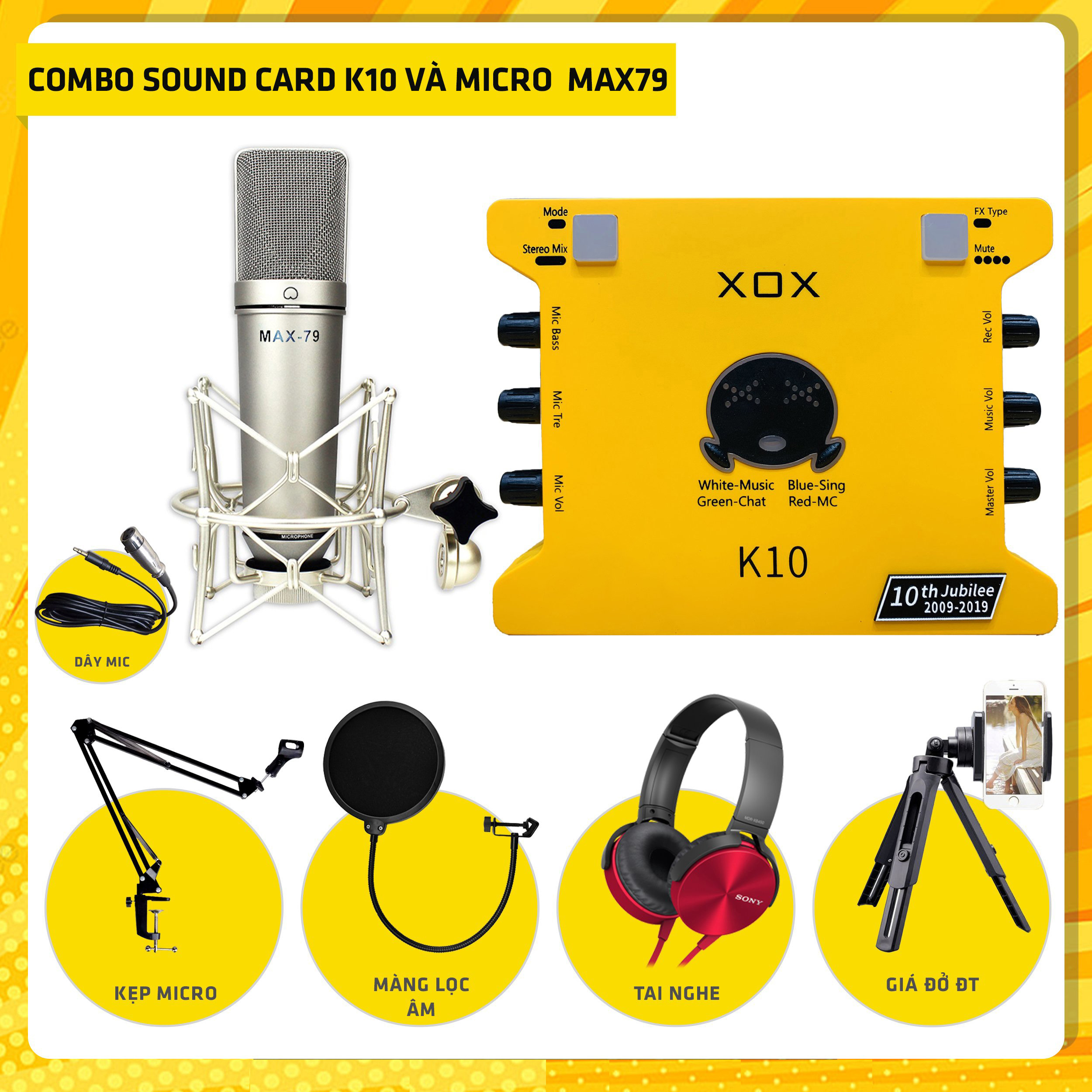 Bộ Combo livestream Micro Max 79 + Sound card XOX K10 jubilee - Kèm full phụ kiện kẹp micro, màng lọc, tai nghe chụp tai, giá đỡ điện thoại - Thu âm, livestream, karaoke online chuyên nghiệp trên cả điện thoại lẫn máy tính - Hàng nhập khẩu