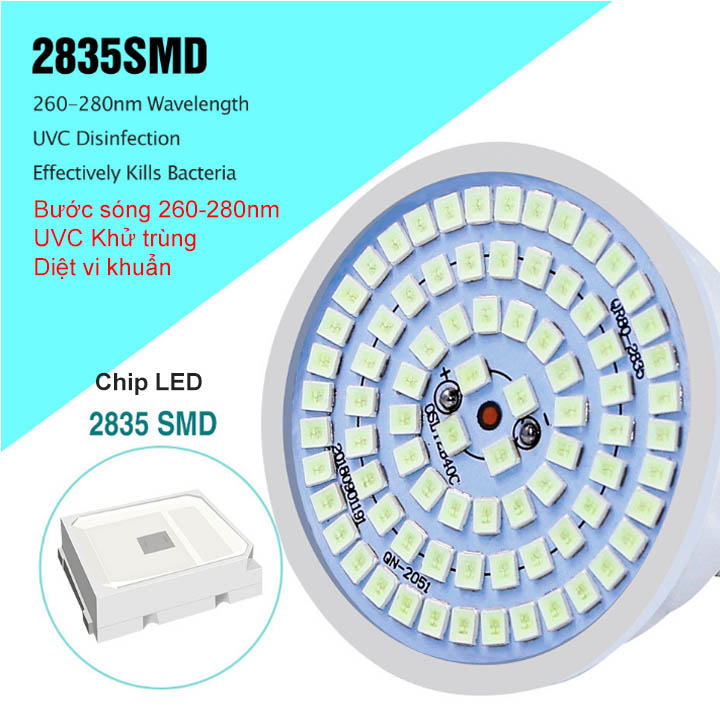 Đèn led UV khử trùng-diệt khuẩn đui xoáy E27, loại 60 LED hoặc 80 LED tùy chọn