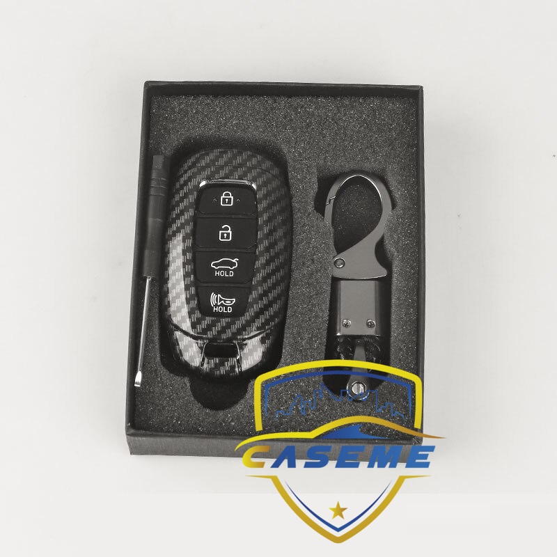 Ốp nhựa carbon lót silicon bảo vệ chìa khóa xe Hyundai Santafe 2021 kèm móc đeo INOX
